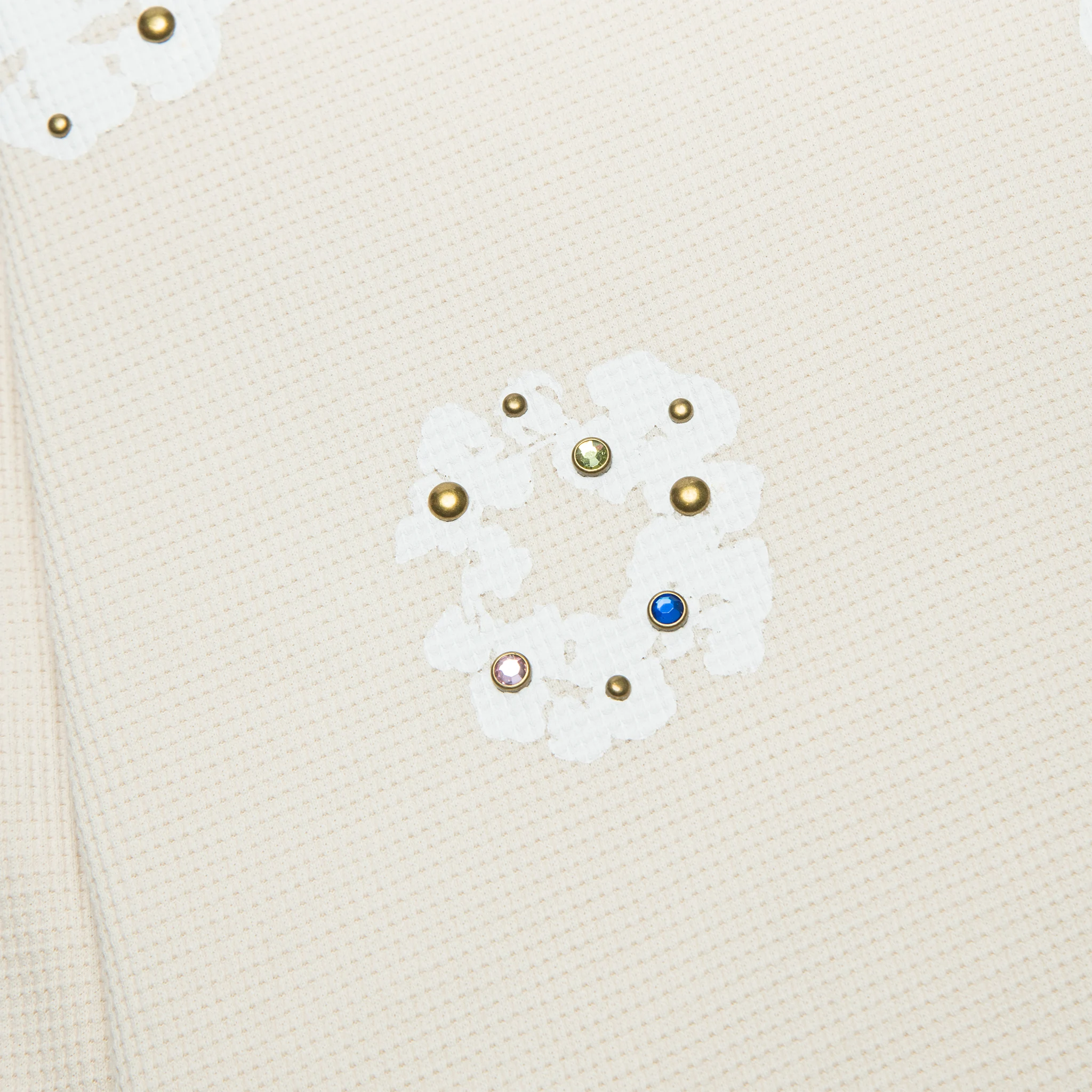 Detail view of Denim Tears Rhinestone The Cotton Wreath Long-Sleeve Thermal Oatmeal T Shirt